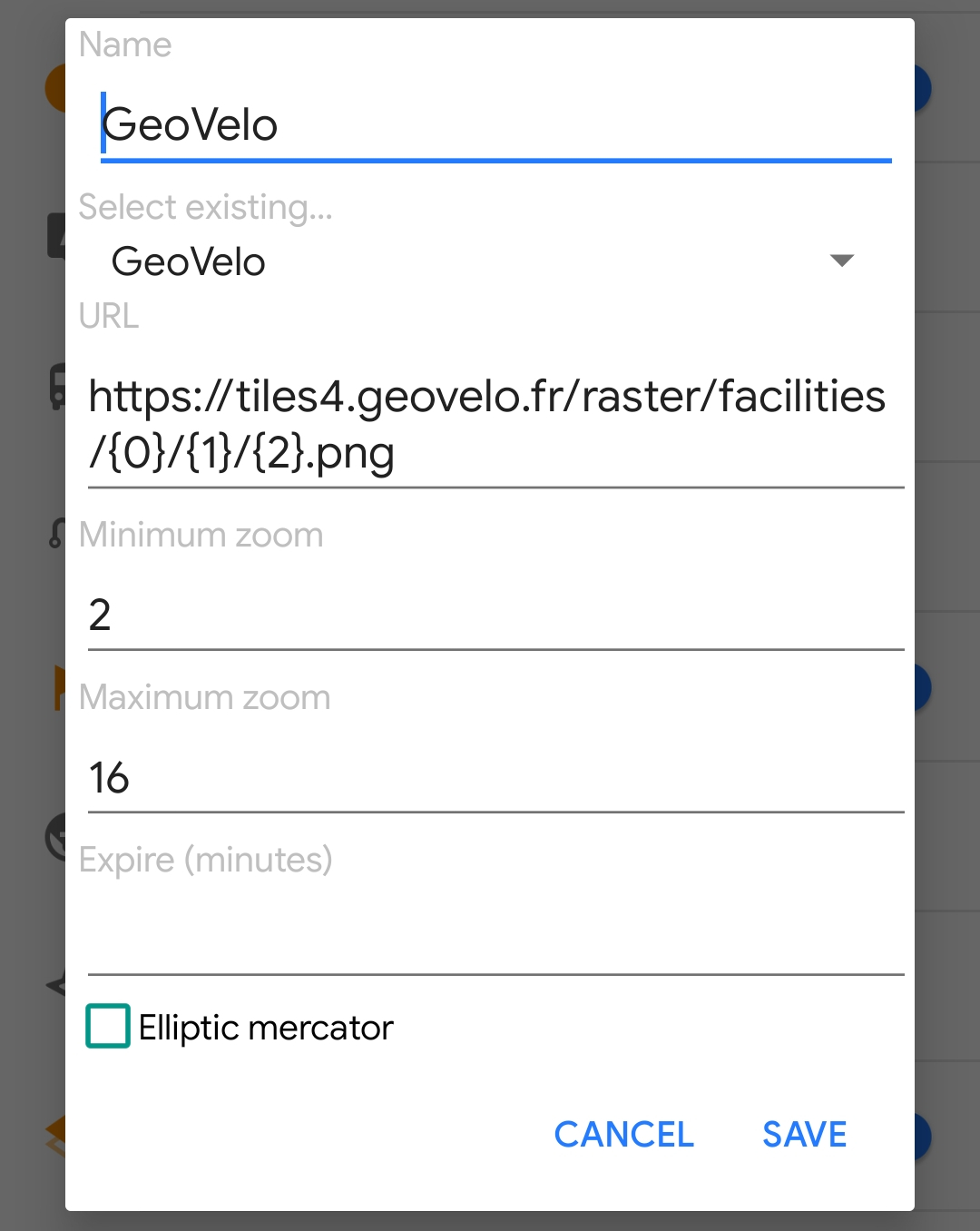 GeoVelo overly add dialog